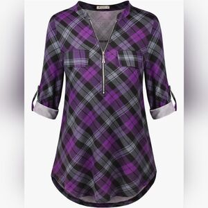 Moyabo Women's Plaid Tunic Zipper V-neck Shirt Sz Med 3/4 Length or Long Sleeves